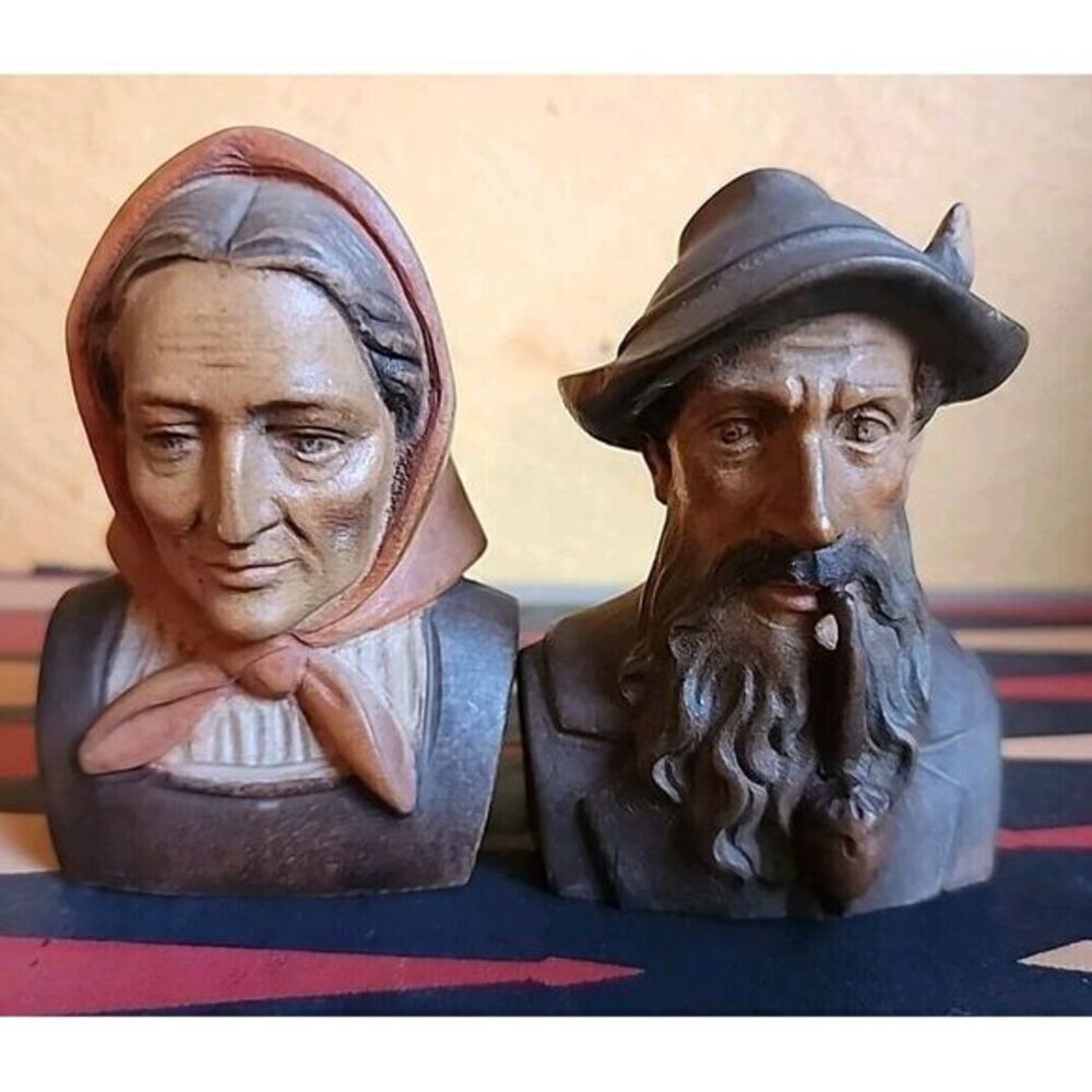 Vintage Man Pipe Woman Scarf Wood Grain carved‎ Busts